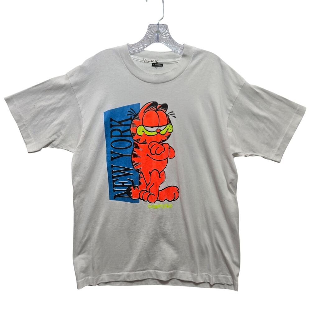 Vintage Single Stitch 80s Garfield New York Cartoon Graphic White Shirt XL #947